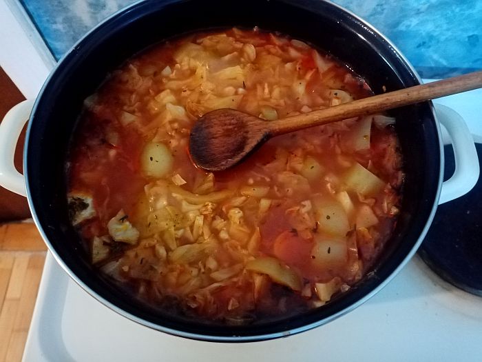 Vegan Cabbage Soup Cooking on the Stove